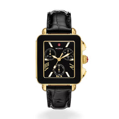 Michele Deco Sport Chrono Watch with Black Leather Strap
