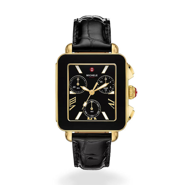 Michele Deco Sport Chrono Watch with Black Leather Strap