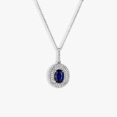 Blue Sapphire Double Halo Oval Pendant - Private Label product