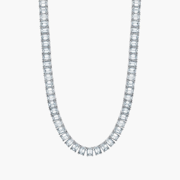 North-south emerald diamond tennis necklace in 18K white gold with 17.9ct diamonds, front view