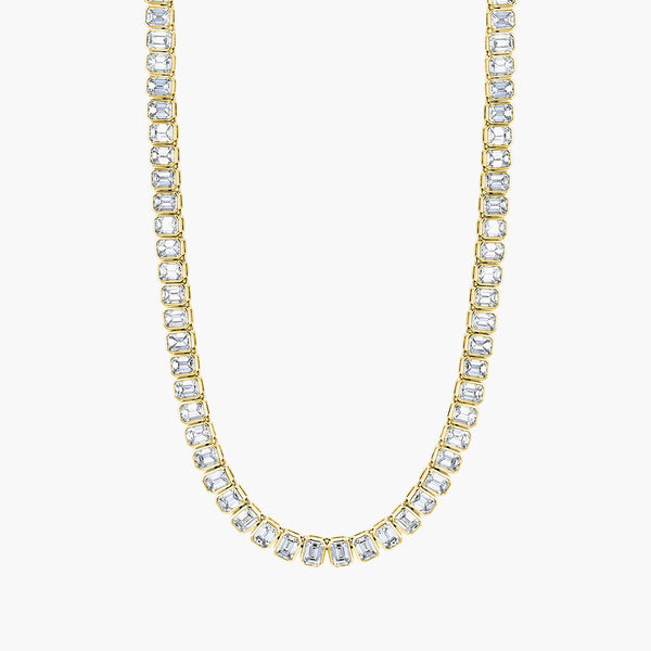 North-south emerald diamond tennis necklace in 18K yellow gold with 13.1ct diamonds, front view