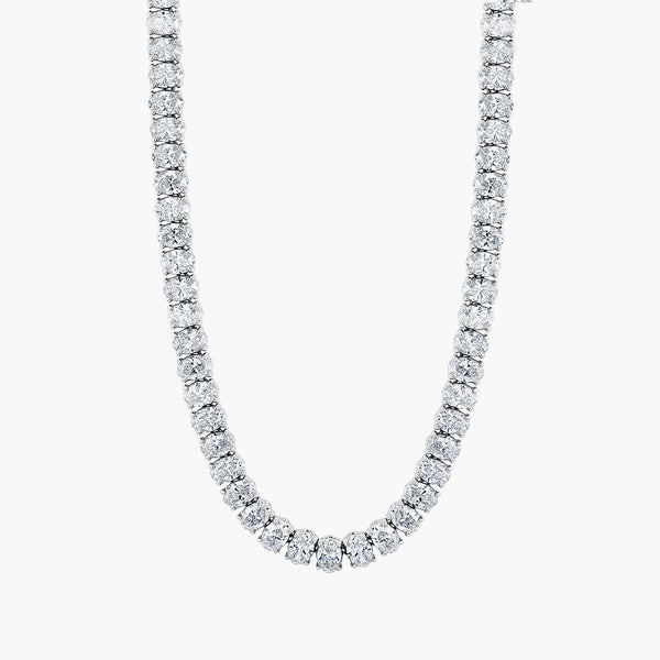 North-south oval diamond tennis necklace in 18K white gold, front view