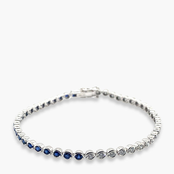 Private Label Blue Sapphire and Diamond Round Bezel Set Tennis Bracelet in 18K White Gold
