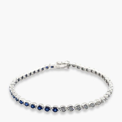Private Label Blue Sapphire and Diamond Round Bezel Set Tennis Bracelet in 18K White Gold - Private Label product