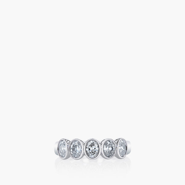 Oval diamond bezel-set eternity band in platinum, front view