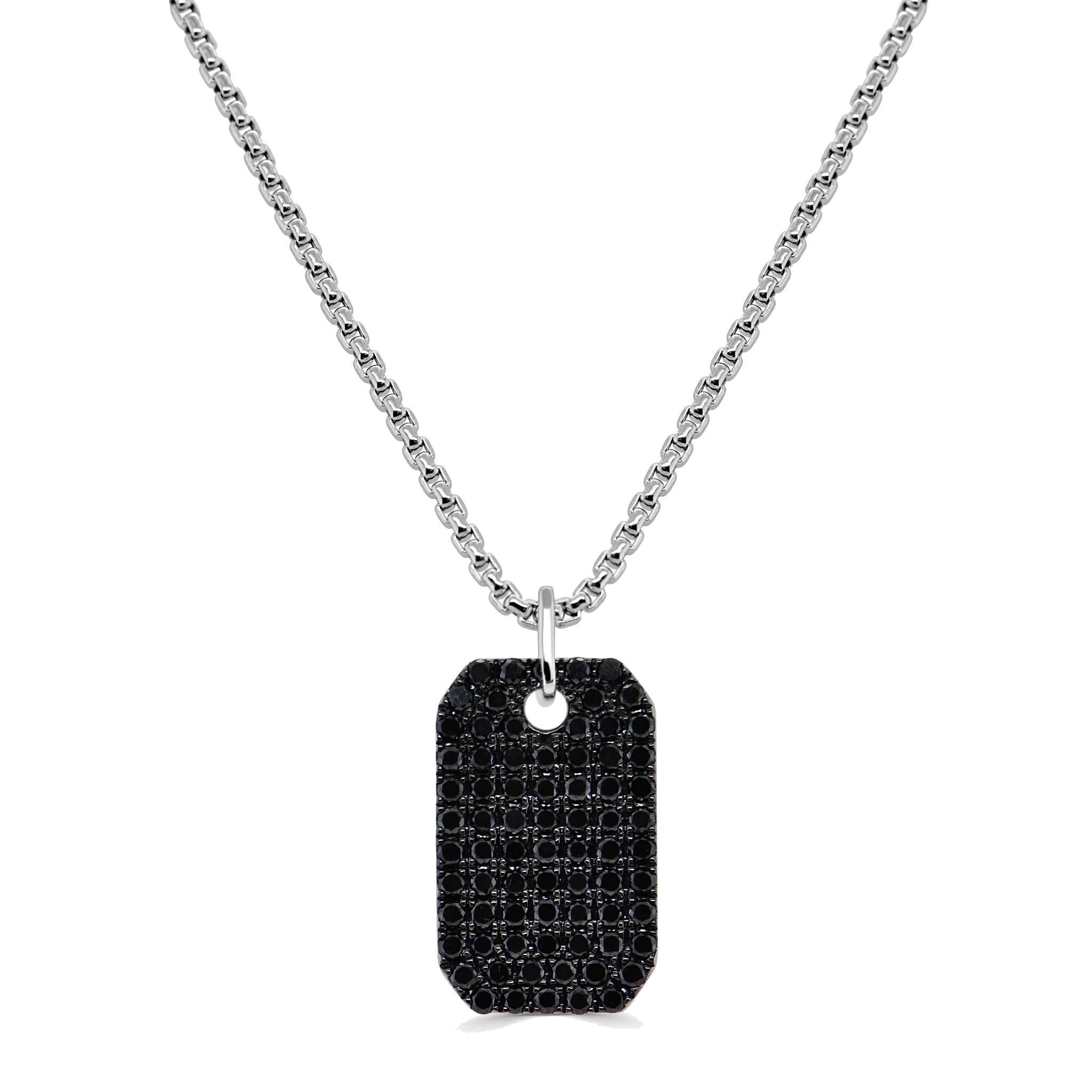 Black Diamond Dog Tag Necklace in 14K White Gold