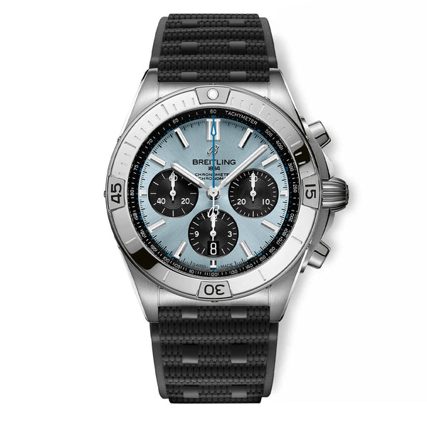 Breitling Chronomat B01 42 Sky Blue Dial Watch with Black Rouleaux Rubber Strap— 42mm