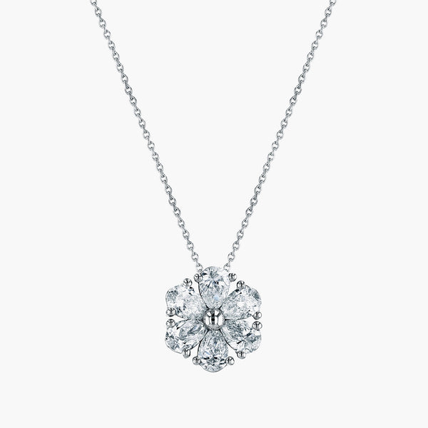 Pear-shaped diamond flower pendant in 18K white gold, front view