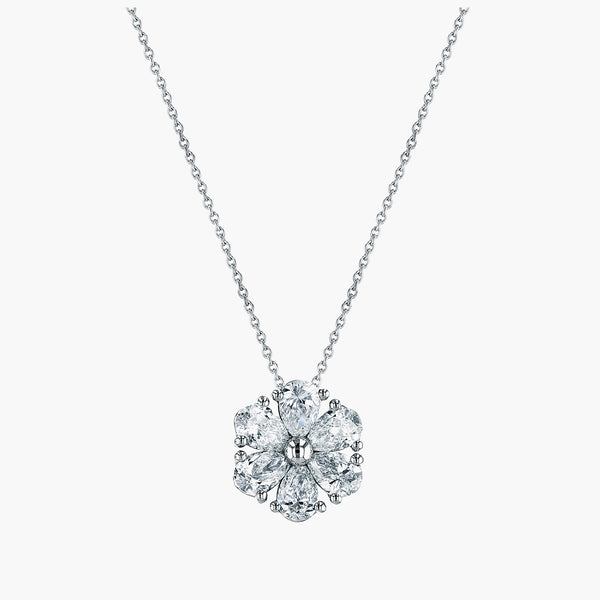 Pear-shaped diamond flower pendant on 16" chain in 18K white gold, front view