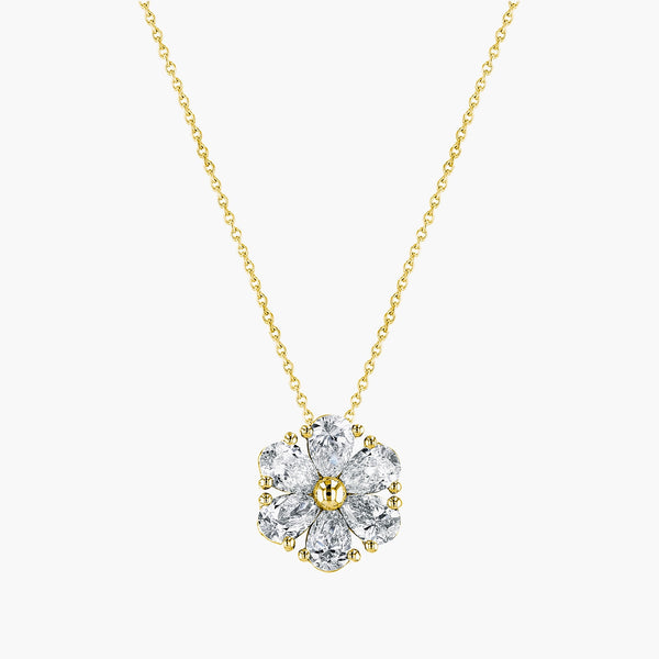 Pear-shaped diamond flower pendant in 18K yellow gold with 1.5ct diamonds, front view