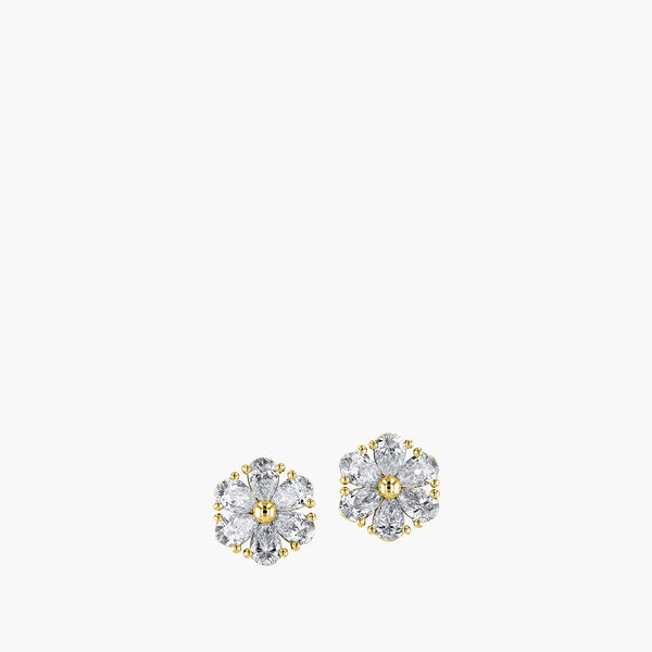 Pear-shaped diamond flower stud earrings in 18K yellow gold, front view