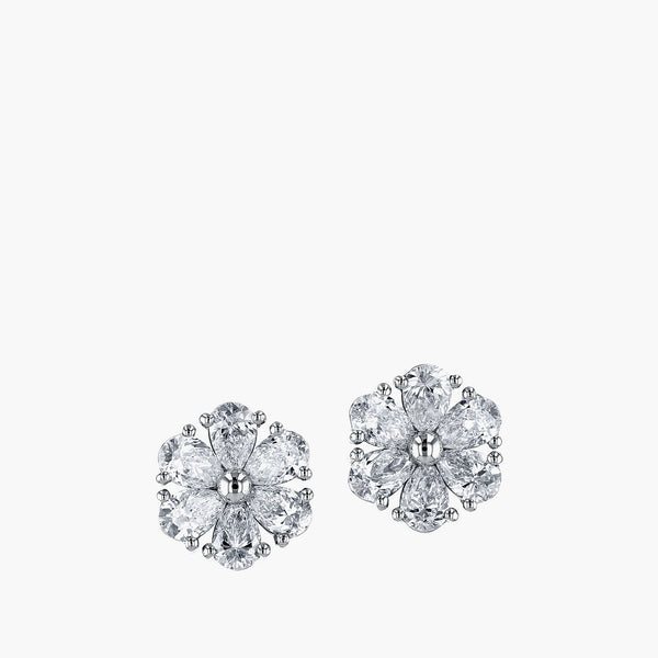 Pear-shaped diamond flower stud earrings in 18K white gold with 4.8ct diamonds, front view