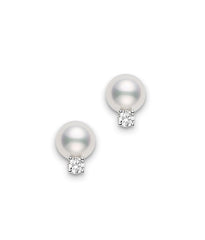 Mikimoto 8mm AA Pearl Diamond Gold Stud Earrings