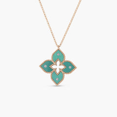Roberto Coin Venetian Princess Rose Gold Small Diamond Flower Necklace with Green Titanium