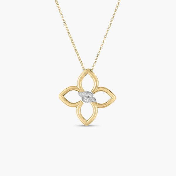 Roberto Coin Cialoma Medium Diamond Flower Necklace in Yellow and White Gold