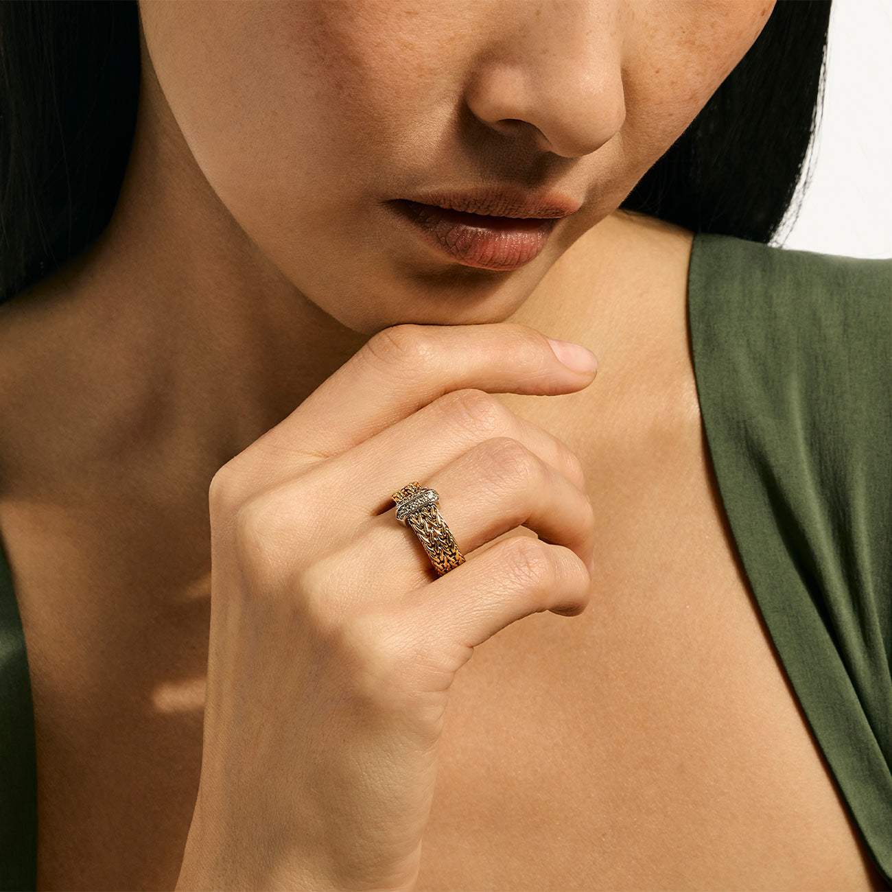 John Hardy Icon Link Diamond Pave Gold 6mm Bar Ring