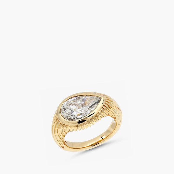 Ripple Solitaire Ring in 14K yellow gold with pear lab-grown diamond, angled view