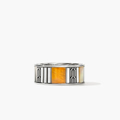 John Hardy Carved Chain Tiger Eye and Silver Band Ring