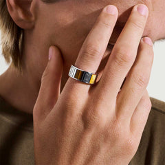 John Hardy Carved Chain Tiger Eye and Silver Band Ring