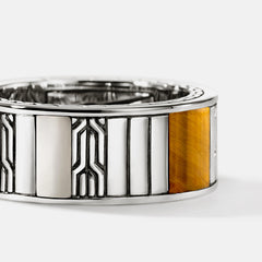 John Hardy Carved Chain Tiger Eye and Silver Band Ring