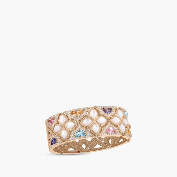 Roberto Coin Venetian Princess flower bangle in 18K rose gold with mother of pearl and mixed gemstones, front view