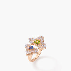 Roberto Coin Venetian Princess split flower ring in 18K rose gold with pavé diamonds and mixed gemstones, front view