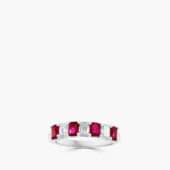 Ruby emerald-cut alternating band ring showing rubies and diamonds