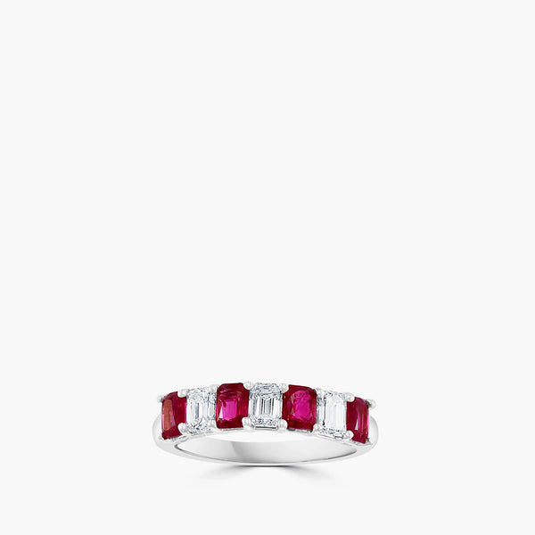 Ruby emerald-cut alternating band ring showing rubies and diamonds