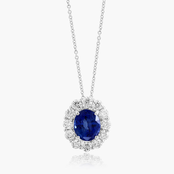 Sapphire oval halo pendant showing diamond halo setting
