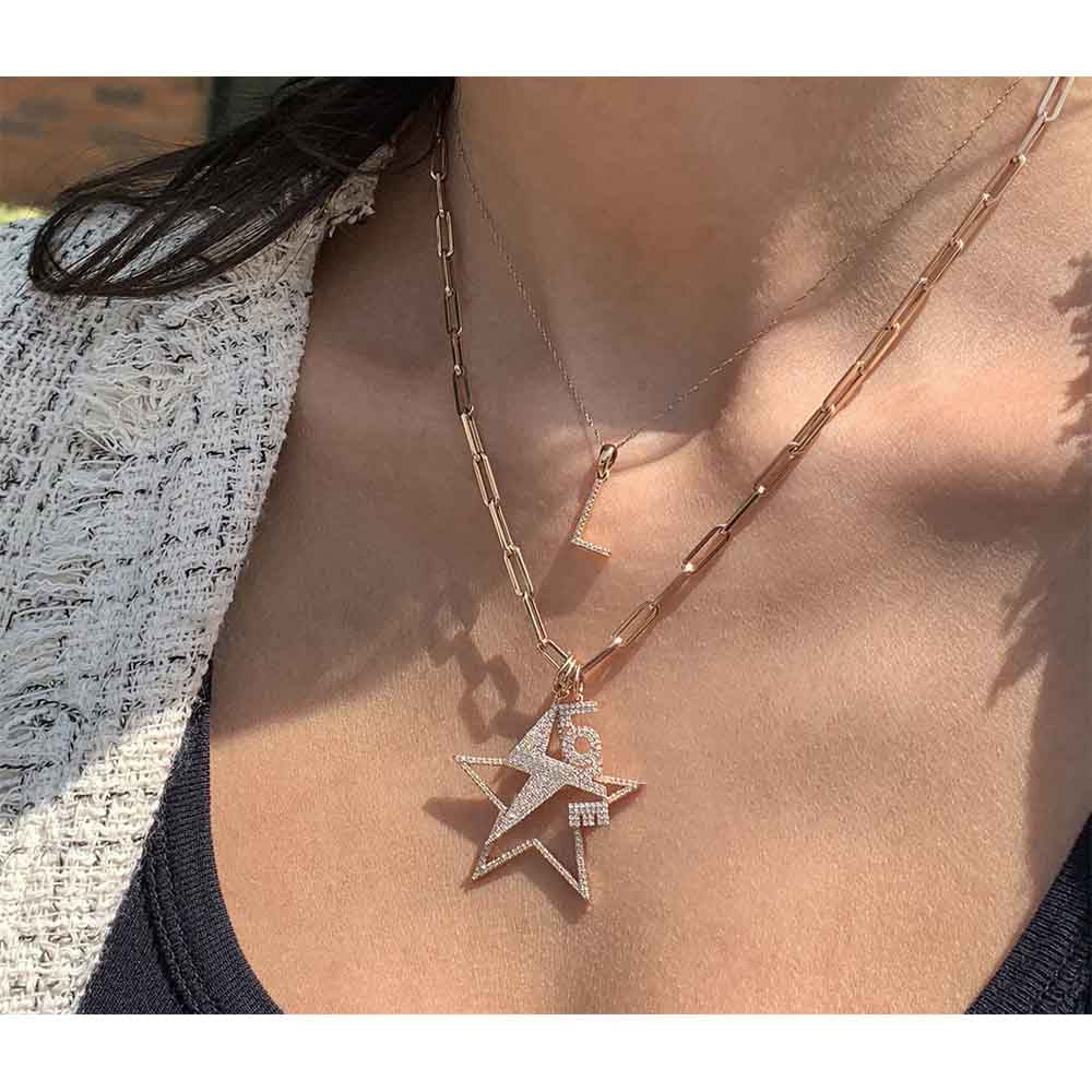 Diamond Love Star and Bolt Pendant Paperclip Necklace
