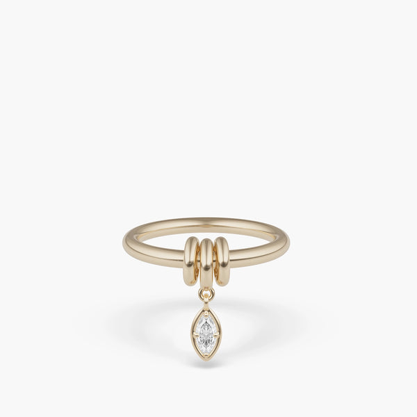 Spinelli Kilcollin Pia Marquise Diamond Ring. Annulet ring linked to an Annulet accented by a marquise-shaped white diamond pave drop charm, shown in 18k yellow gold