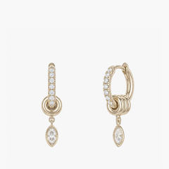 Spinelli Kilcollin Zahra Marquise Diamond Earrings - pair of hoop earrings with interlocking annulets suspending marquise-shaped white diamond pave drop charms, shown in 18K Yellow Gold with white diamond details