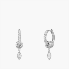 Spinelli Kilcollin Zahra Marquise Diamond Earrings - pair of hoop earrings with interlocking annulets suspending marquise-shaped white diamond pave drop charms, shown in sterling silver with white diamond details
