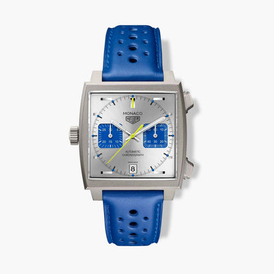 TAG Heuer Monaco Chronograph Silver and Blue Dial Leather Strap - 39mm - Tag Heuer product