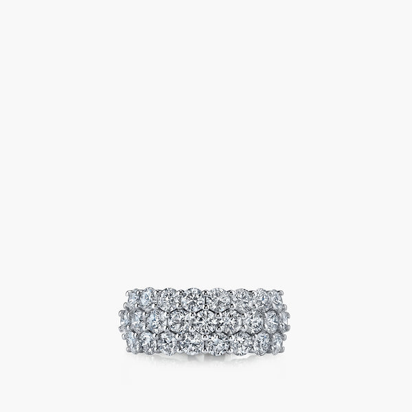 Three-row round diamond prong-set band in platinum, front view