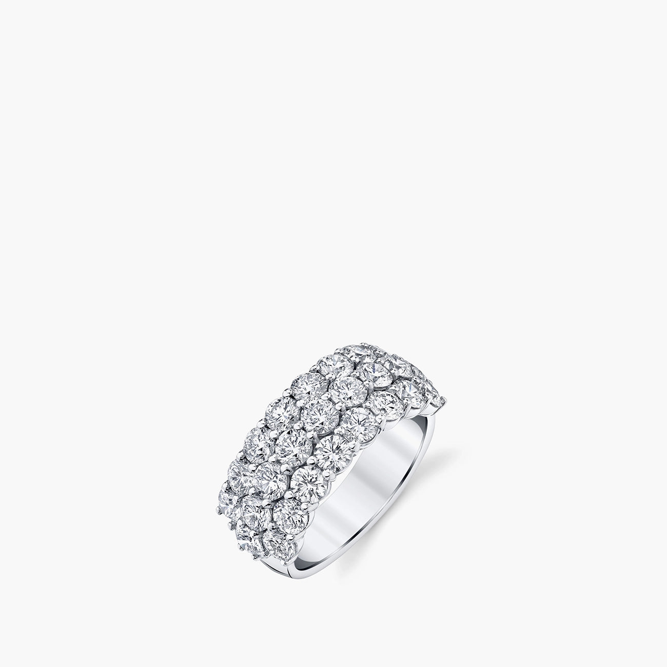 Three-row round diamond prong-set band in platinum, top view