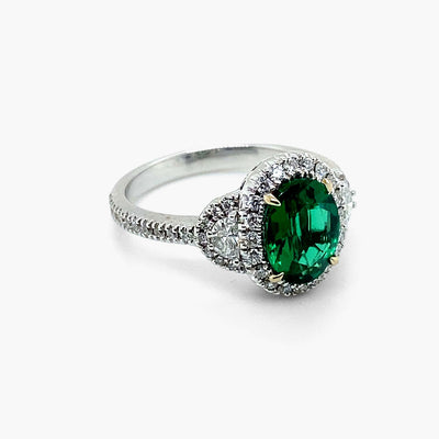 Private Label Emerald Oval with Diamond Halfmoons Ring in 18K White Gold - Private Label product