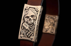 William Henry La Grange Bronze Skull Brown Leather Bracelet