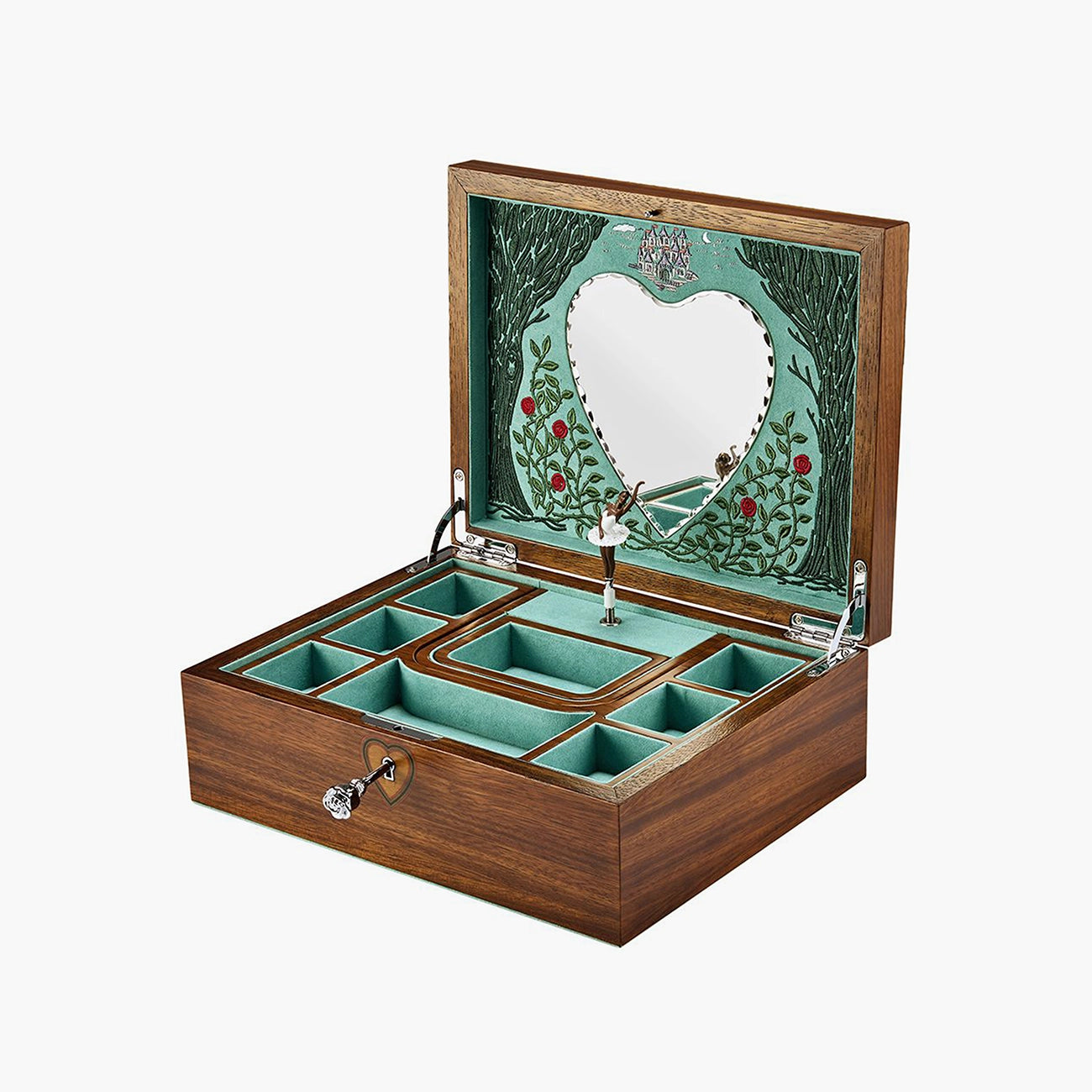 Wolf Ballet musical jewelry box open showing storage and music mechanism
