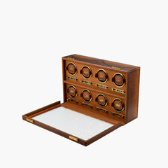 Brogue 8-piece watch winder in burnished plant-based material with Old English brass hardware, open view