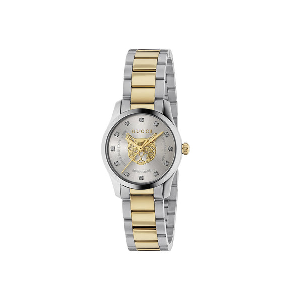 Gucci G-Timeless Two Tone Feline Head Watch with Mother of Pearl