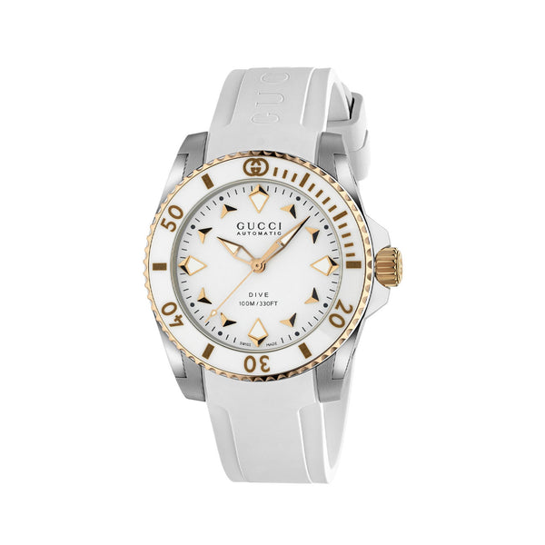Gucci Dive White Dial Pink Gold Bezel Watch on White Rubber Strap - 36mm
