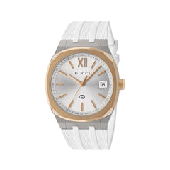 Gucci 25H Silver Dial Pink Gold Bezel Watch - 36mm