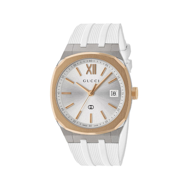 Gucci 25H Silver Dial Pink Gold Bezel Watch - 36mm