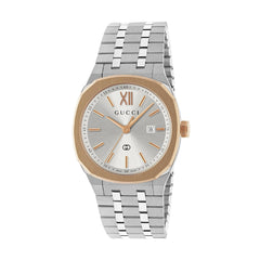Gucci 25H Silver Dial Pink Gold Bezel Watch - 30mm