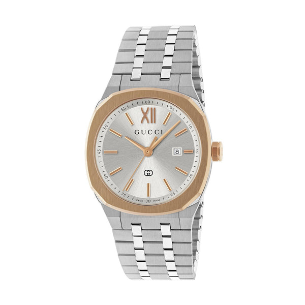 Gucci 25H Silver Dial Pink Gold Bezel Watch - 30mm