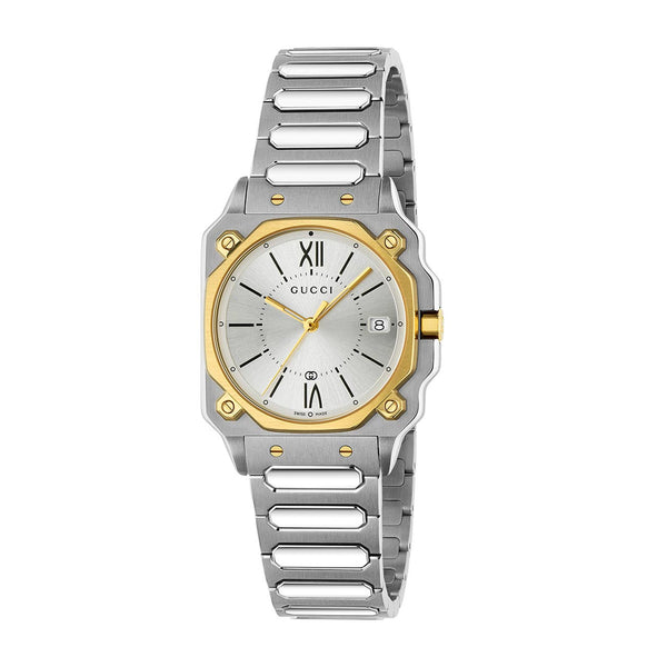 Gucci G-Flat Two-Tone Silver Dial on Stainless Steel Bracelet