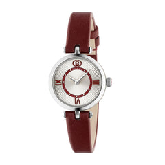 Gucci Model 2000 Silver and Red Dial Watch with Red Leather Strap - 24mm
