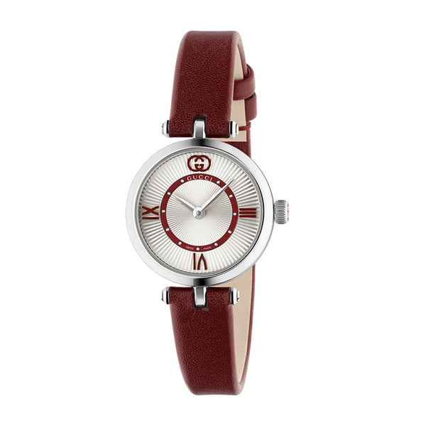 Gucci Model 2000 Silver and Red Dial Watch with Red Leather Strap