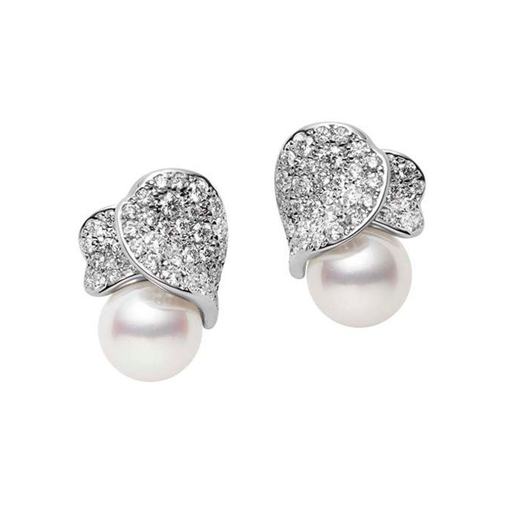 Mikimoto Les Petales Place Vendome Pearl & Diamond Stud Earrings